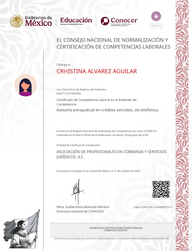 Certificado de Competencia Laboral CONOCER con validez SEP para asesores de cobranza